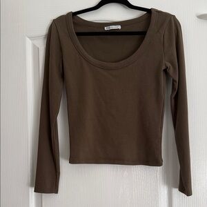 Zara Olive Brown Scoop Neck Long Sleeve Top
